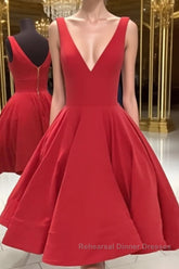 Simple Short V Neck Red Satin Semi Formal Prom Dresses, Short Red Formal Homecoming Dresses